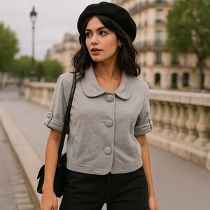 Fossil NEW Gray Button Short Sleeve Top Jacket Cropped Boxy Pockets‎ Size Medium